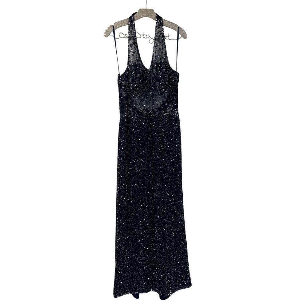 SCALA Full Length Beaded Silk Dress Halter Top Sheer Panels OpenBack Blue Classy